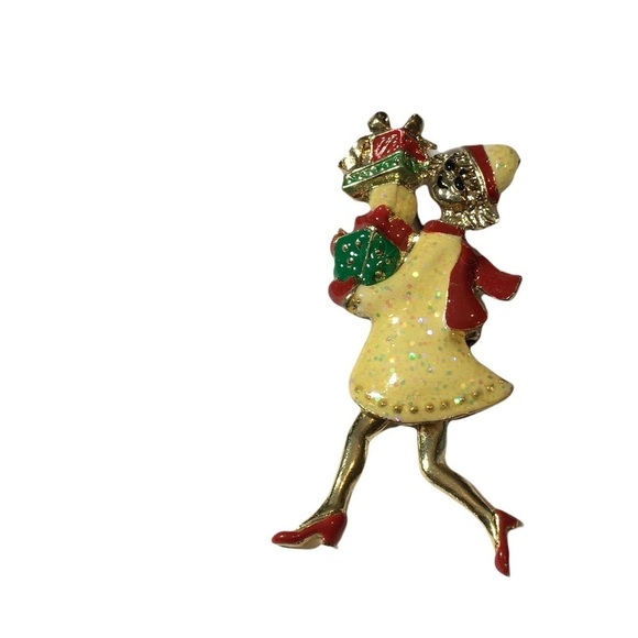 OTC Vintage Brooch pin Lady with packages & movable legs holding gifts - Picture 2 of 9